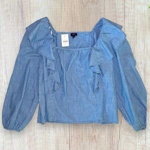 J CREW Chambray Ruffle Square Neck Top Blouse Size L Denim Blue NWT